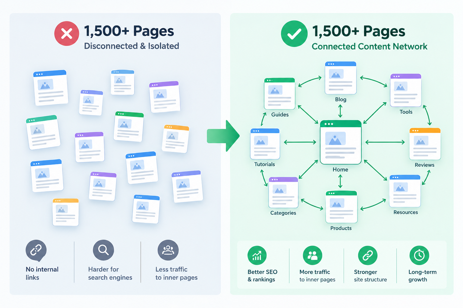 1,500+ pages shown as disconnected pages vs a connected content network