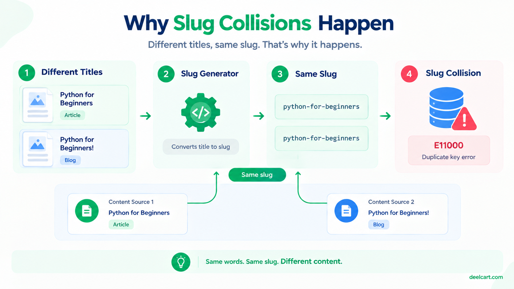 How different article titles can generate the same slug and cause a MongoDB duplicate key error